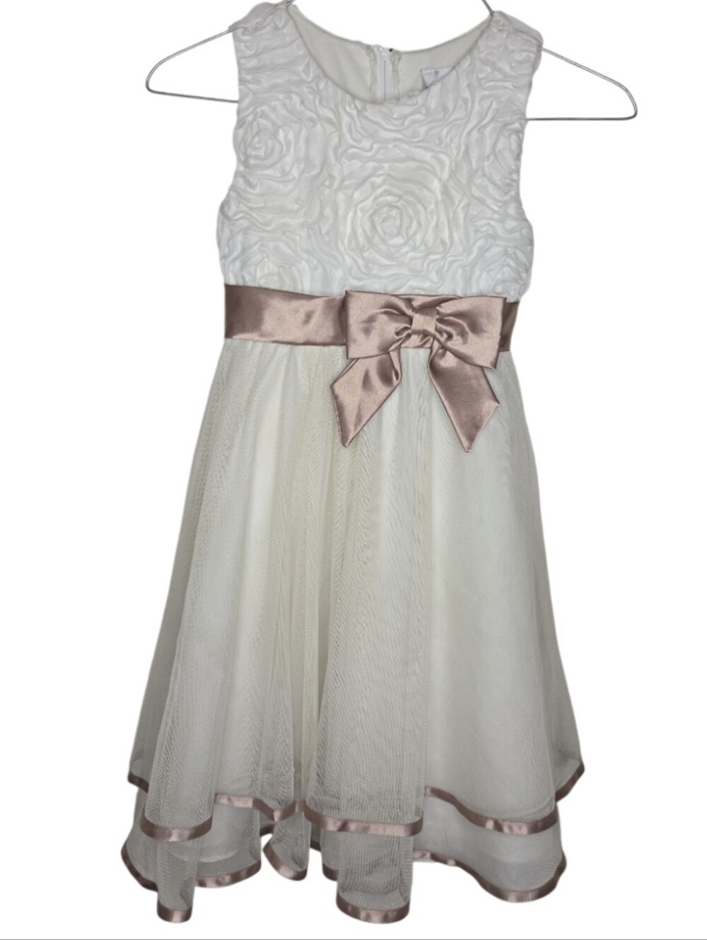 Rare Editions Girl's Special Ocassion Ivory Satin & Tulle Rose Gold Trim Size 6